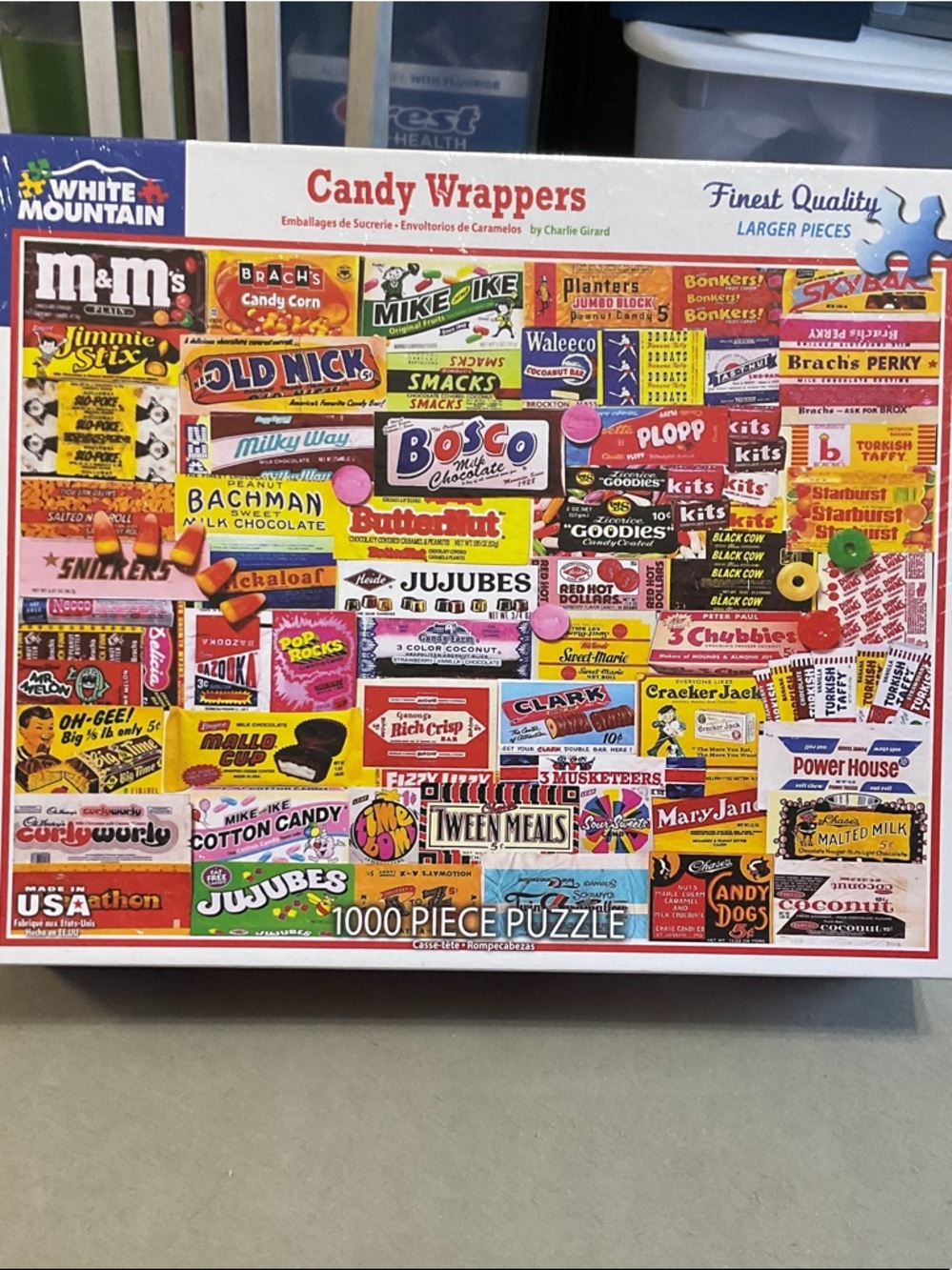 White Mountain Multicolor Candy Wrapper Collage Puzzle New. 1000 Pieces